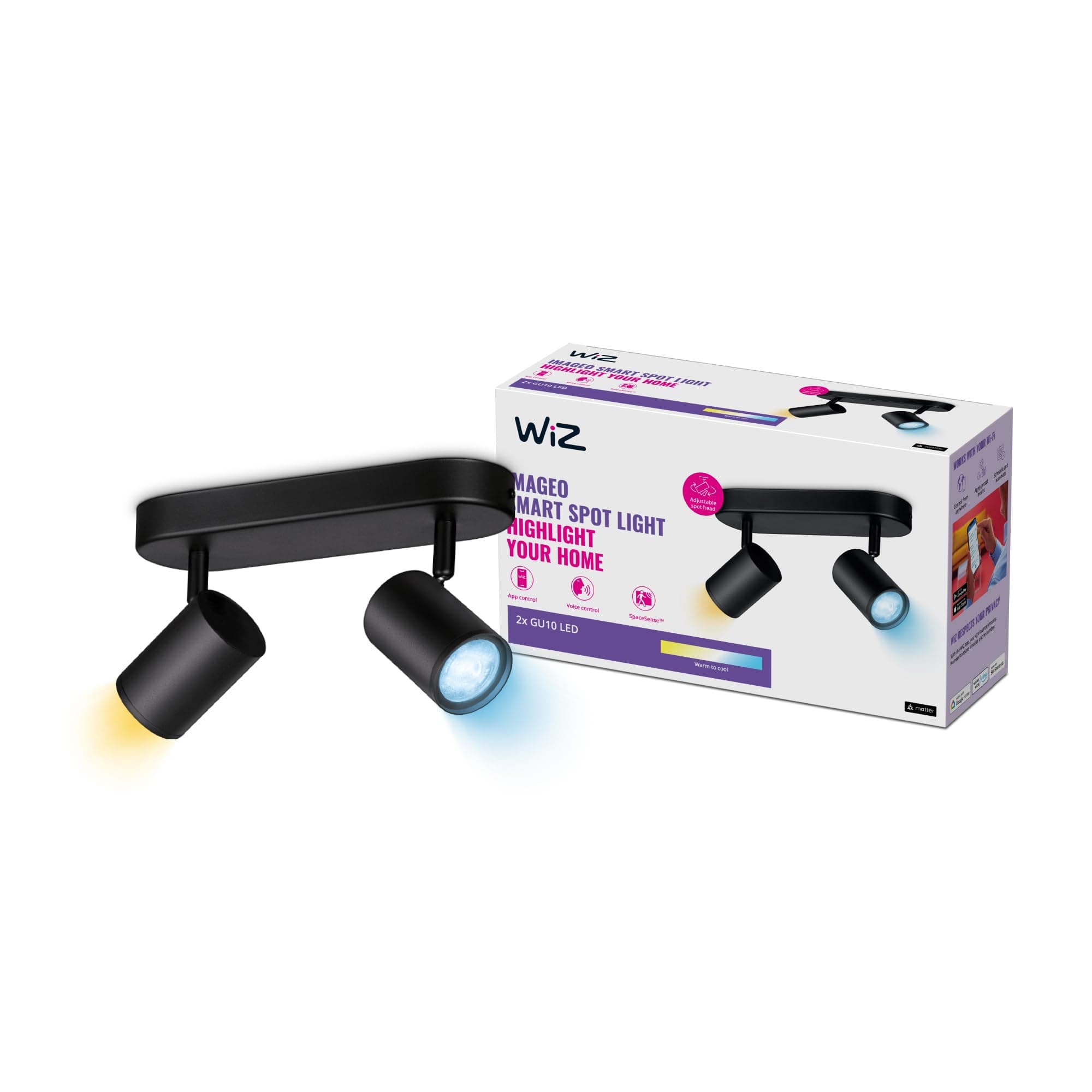 WiZ White Tunable White Imageo Smart Connected WiFi Ceiling Light Spot Fixture. [2 Spot - Black] App Control for Indoor Home Lighting, Livingroom and Bedroom