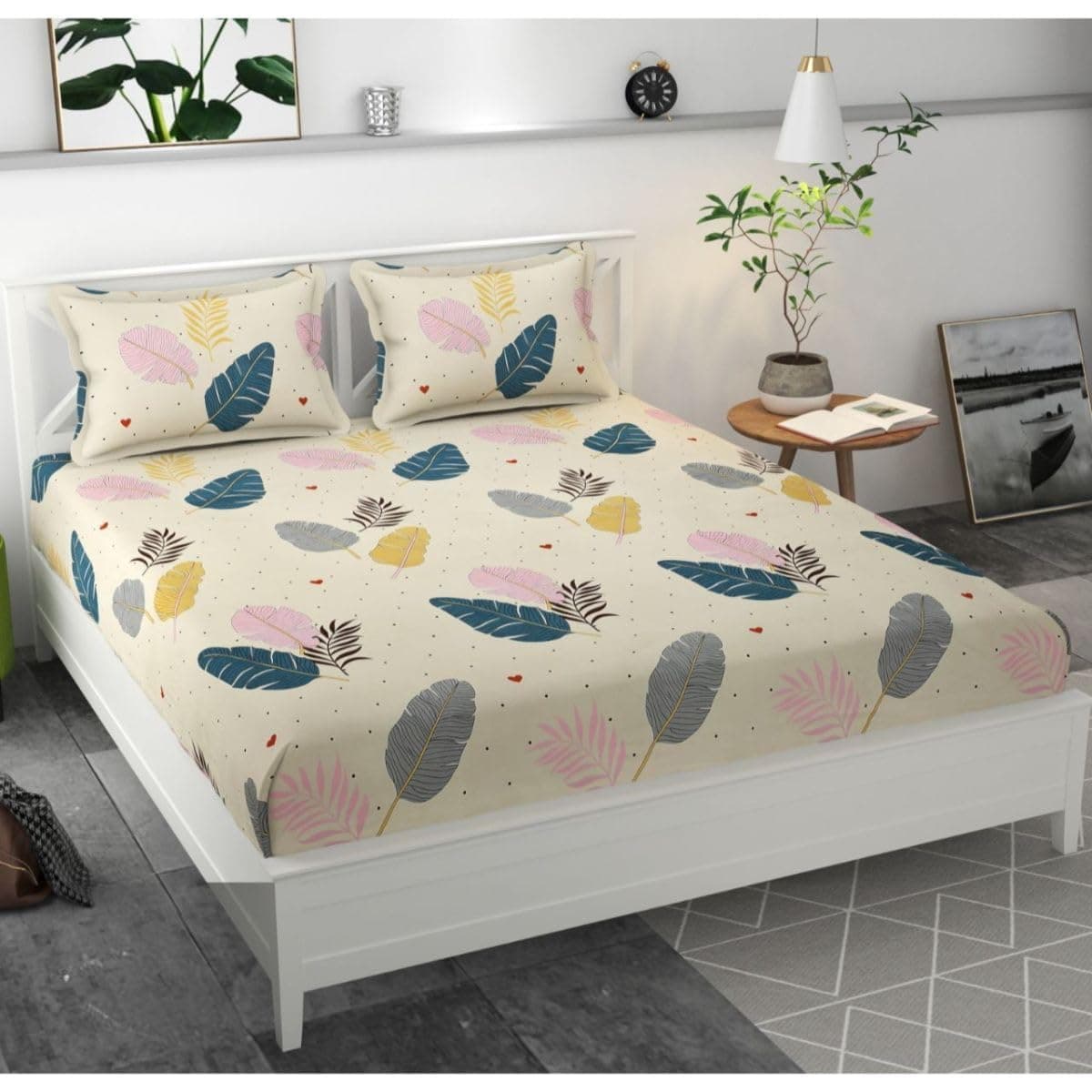 Cotton Printed Elastic Double Bedsheet with 2 Pillow Cover Bedsheet Size:- 72 * 78 Inches Fit Upto 8 Inches Mattress Pillow Cover Size:-20 * 28 Inches (White::Yellow)