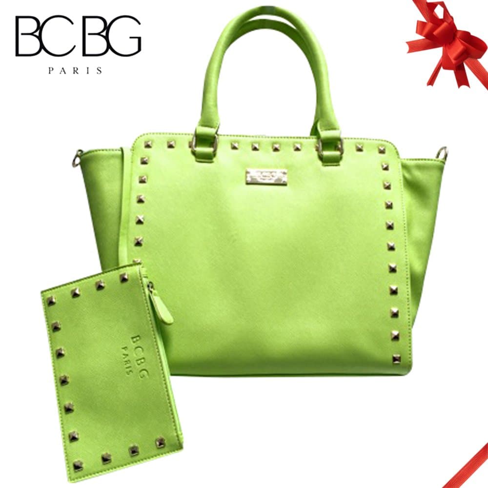 Bcbg Paris Tote Square w/Studs, Simple Style Pure Color Pu Leather Tote Shoulder Handbag for Women (Apple Green)