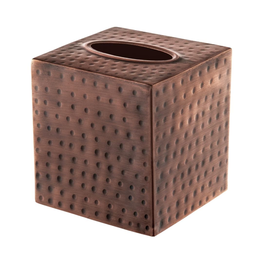 Monarch Abode Tissue Box Cover Square – Hand Hammered Antique Copper Metal Tissue Holder Box for Bathroom Accessory, Aesthetic Decorative Facial Napkin Cube for Modern Home Decor