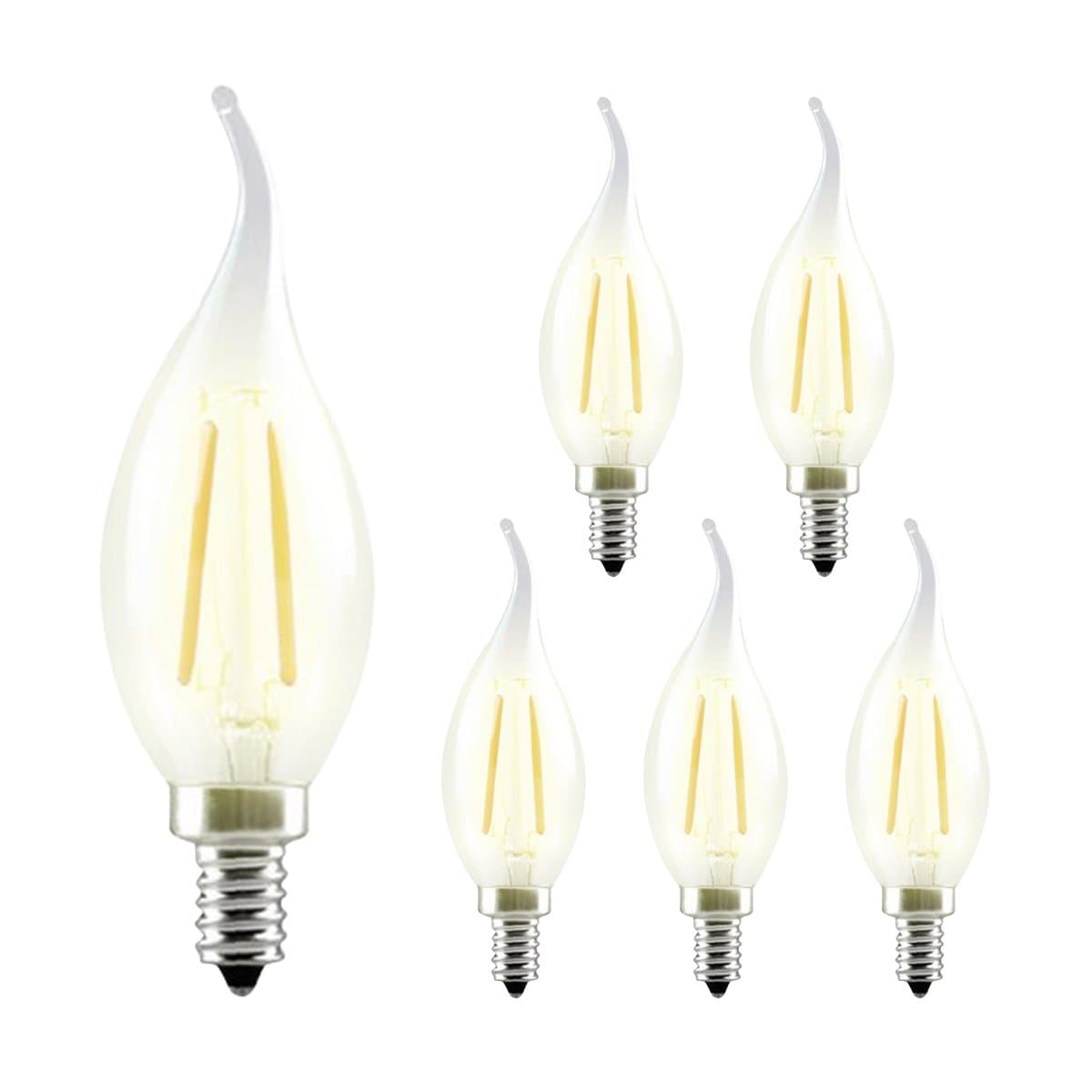 E14 C35 LED Filament Candle Light Bulbs,2 Watt Warm White 2700K Chandelier Lamp,Small Edison Screw LED bulbs,SES Candelabra Bulb Torpedo Shape, 20W Incandescent Equivalent,6-Pack [Energy Class A++]