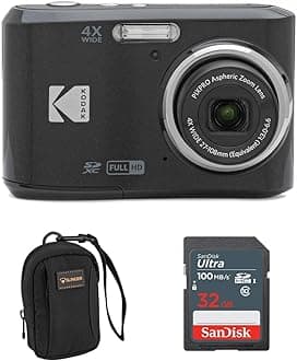 PIXPRO FZ45-BK 16MP Digital Camera 4X Optical Zoom 27mm Wide Angle 1080P Full HD Video 2.7" LCD Vlogging Camera, Bundle with Camera Case and 32GB SD Card (Black)