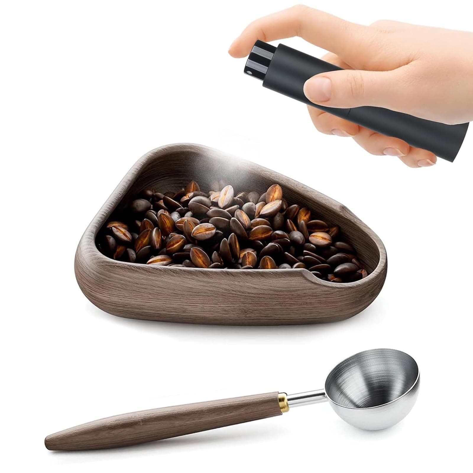 Walnut Dosing Cup with Spoon and 8ml Coffee Spray Bottle Set, Walnut Dosing Vessel, Mini Portable Spray Set for Static Reduction