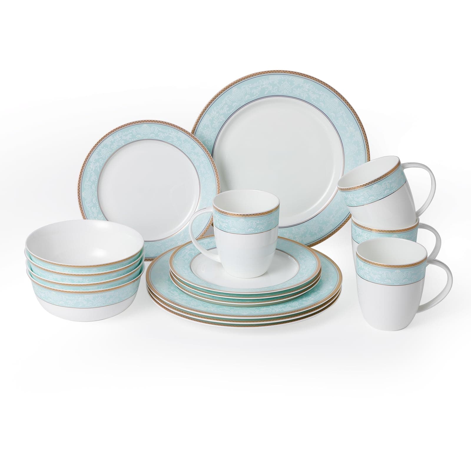 Fine Bone China Dinnerware Set,16 Pcs Classic Relief Pattern Gilt Edged High Grade Porcelain Tableware Sets For 4 People with Gift Box Packaging