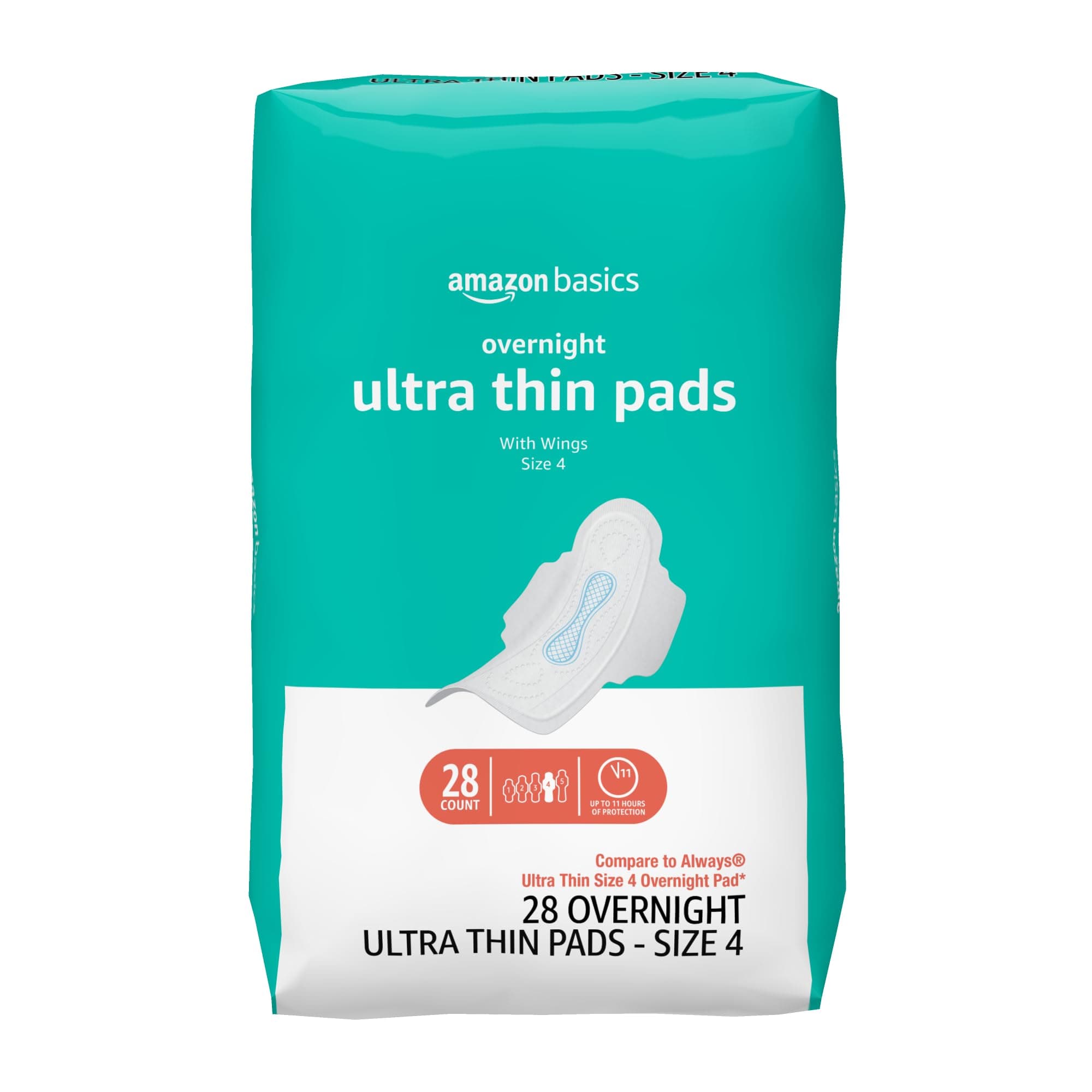 Overnight Heavy Absorbency Feminine Pads for Women, Ultra Thin with Flexi-Wings, Unscented, Size 4, 28 Count, 1 Pack