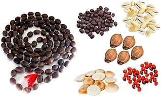 Krushnesh Creations Pooja Set: 7 Pcs Laxmi Kaudi, Gomti Chakra, Kali Gunja, Lal Gunja, 5 Pcs Laghu Nariyal, 1 Kamal Gatte Ki Mala (108 Beads) for Diwali