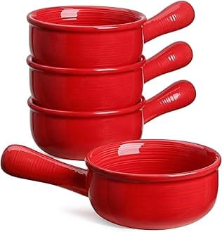 LE TAUCI French Onion Soup Bowls With Handles, 15 Ounce for Soup, chili, beef stew, Set of 4, Red