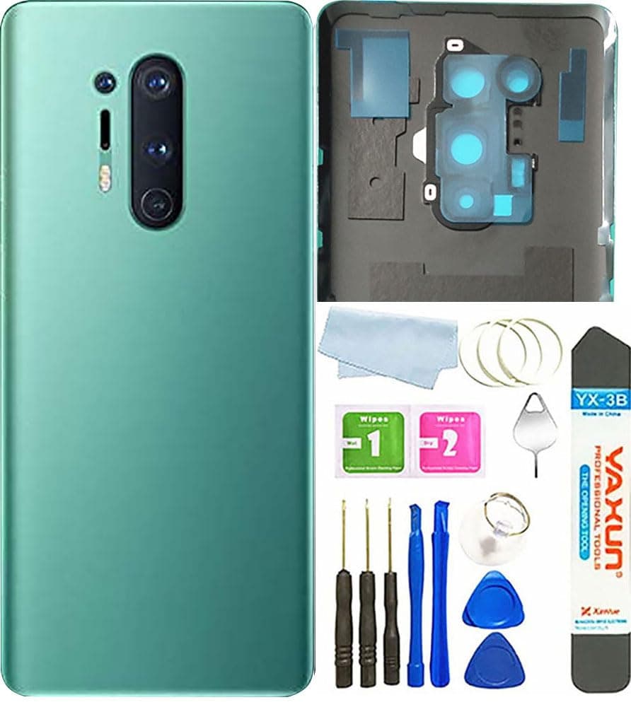 Battery Back Cover Rear Panel Glass with Camera Glass Lens/Flash Replacement for OnePlus 8 Pro 5G +Tools (Glacial Green)