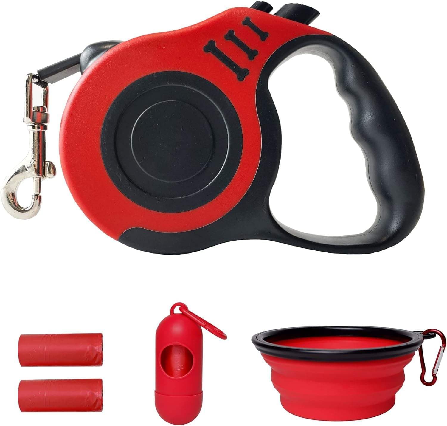 – Dog Walking Essentials 3-in-1 Kit – 5M Anti-Tangle Retractable Leash with Large 18cm Travel Bowl & Waste Bag Dispenser – Red