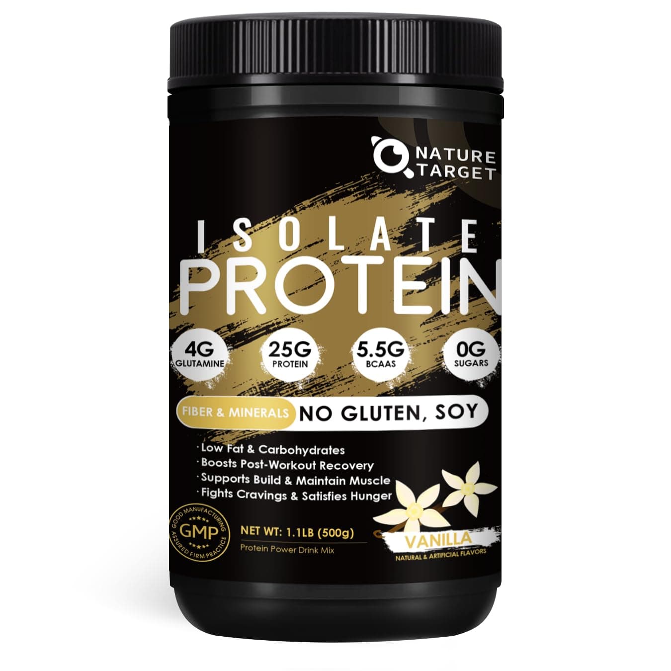 NATURE TARGET Isolate Whey Protein Powder Vanilla, 25g Protein Low Carb Sugar-Free & Gluten-Free, 5.5g BCAAs, Rich in Fibers & Minerals, 1.1 Pound, 16 Servings