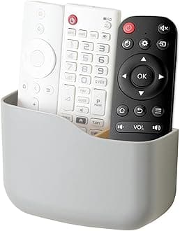 SUNFICON Adhesive Remote Control Holder Universal TV Remote Organizer Caddy Box Tray Wall Mount Media Player Controller Holder Hollow Bottom Slot Easy Phone Charging Home Office Desk Nightstand Gray