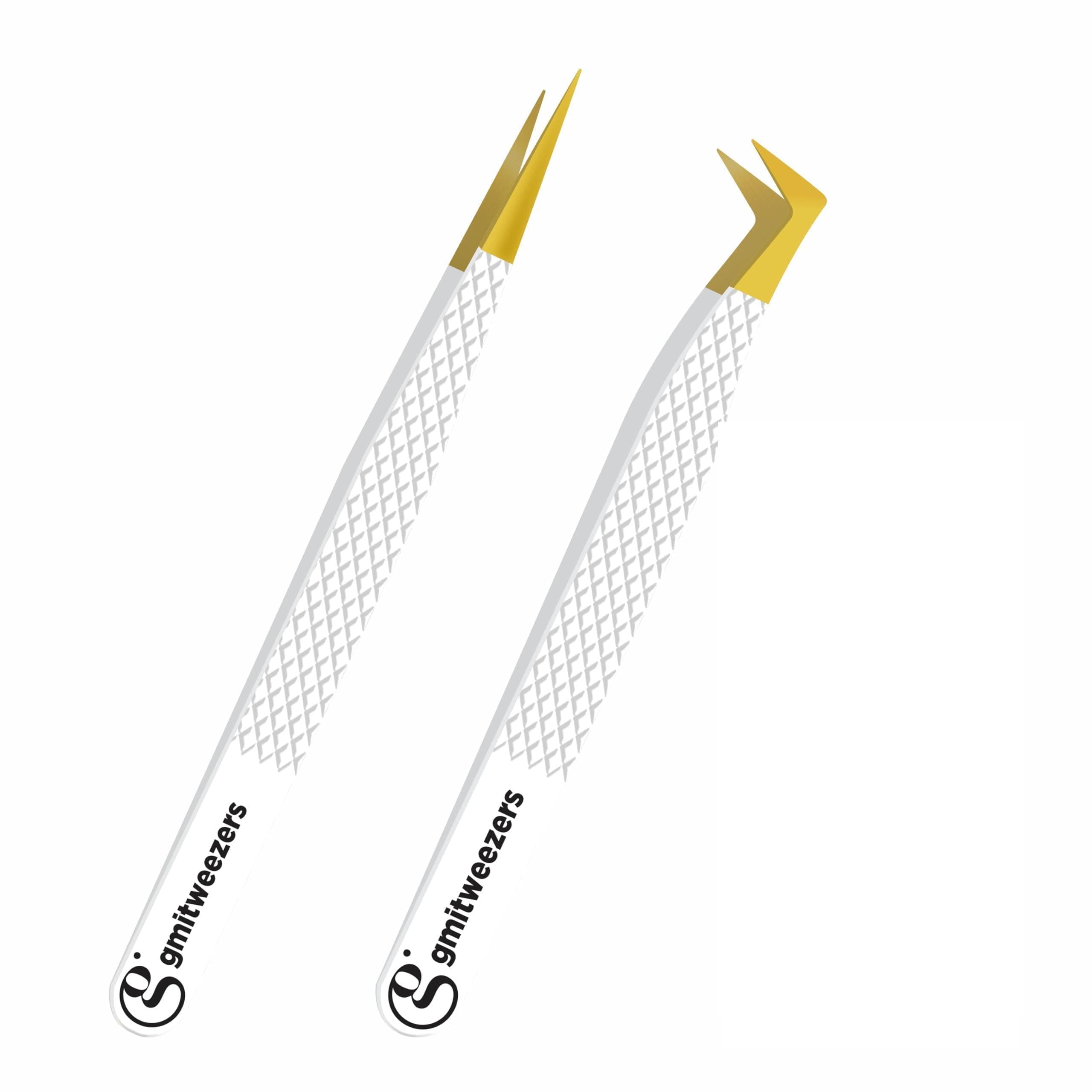2pcs White Straight and L-Shaped (Boot) Gold Pointed Eyelash Tweezers for Lash Extension - Stainless Steel Precision Tweezers for Volume and Classic Lashes - False Eyelash Extension Kit.