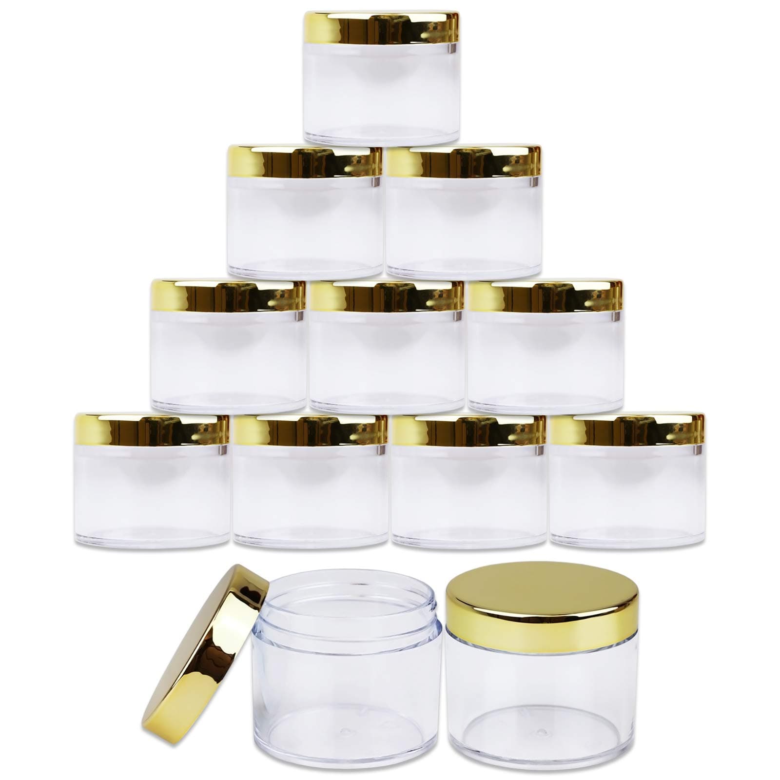 Beauticom® 2 oz./ 60 Grams/ 60 ML (Quantity: 12 Packs) Thick Wall Round Clear Plastic LEAK-PROOF Jars Container with GOLD Lids for Cosmetic, Lip Balm, Lip Gloss, Creams, Lotions, Liquids