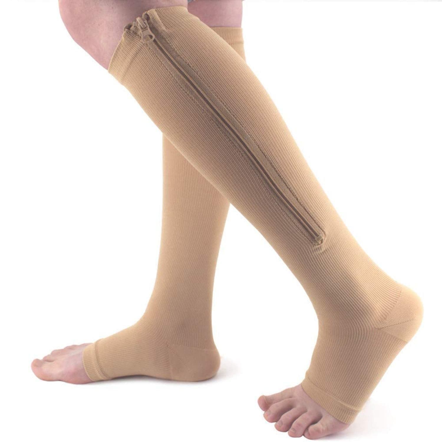 RIXIM Zipper Compression Socks Stockings with Open Toe Calf Support Best Support Zipper Stocking for Swollen, Nurses, Pregnancy, Recovery (Skin Color, L/XL))