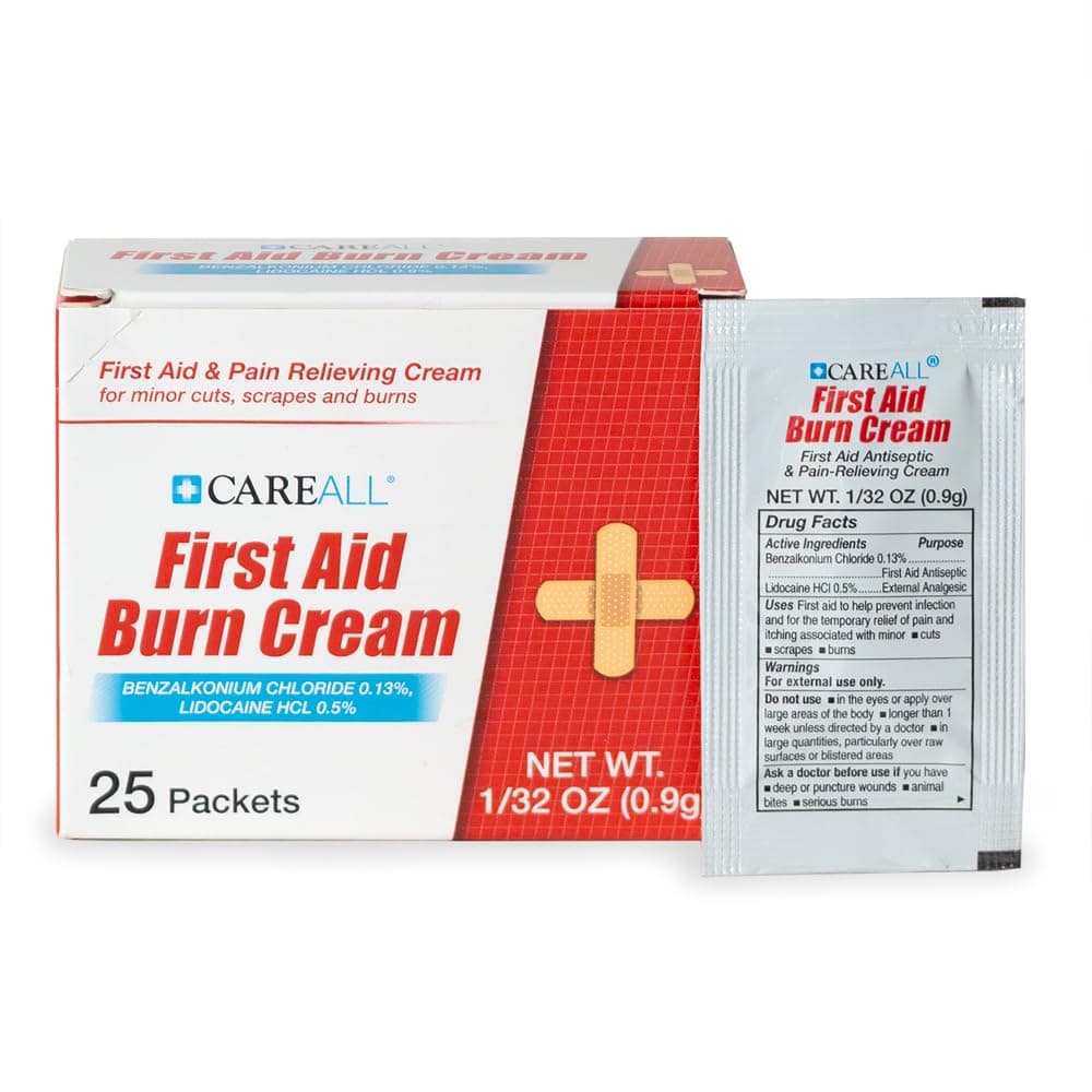 CareALL First Aid Burn Relief Cream 0.9g Packets (Pack of 25) Pain Relieving First Aid Cream for Temporary Relief of Pain from Minor Burns, Cuts, and Scrapes. Prevents Infection
