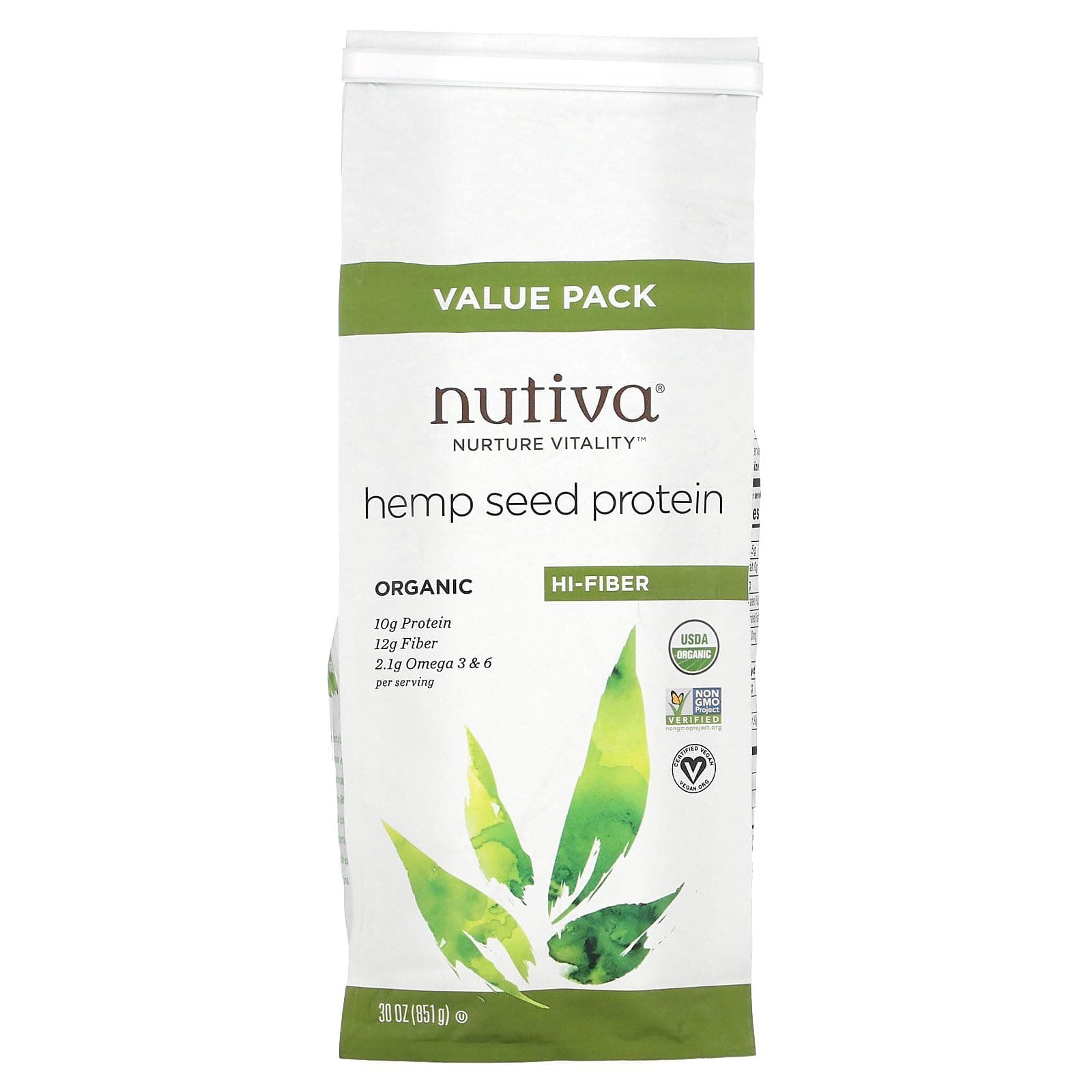 Nutiva USDA Organic Cold-Pressed Raw Hemp Seed Plant Protein with Hi-Fiber and Essential Amino Acids Powder, Non-GMO, Whole 30 Approved, Vegan, Gluten-Free & Keto, 30 Ounce