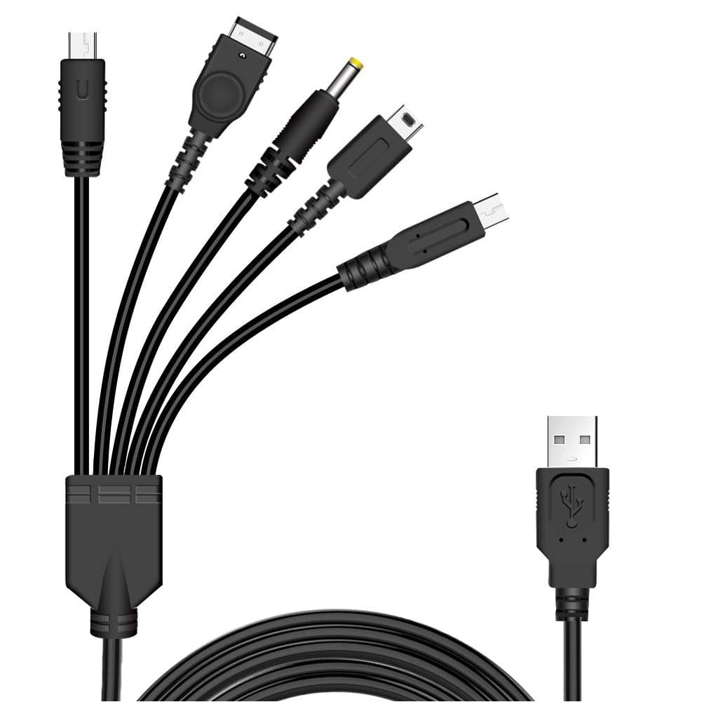 5 in 1 USB Charging Cable, 4ft, Black, Compatible with Nintendo DS Lite, New 3DS XL, 2DS, DSi, NDS/GBA SP, Wii U, PSP 1000 2000 3000
