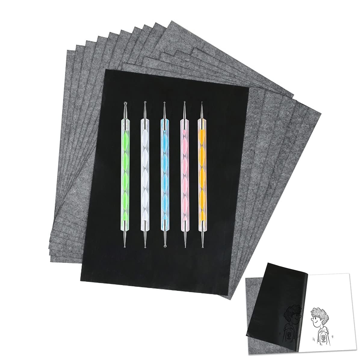 Carbon Transfer Paper, 100 Sheets Black Graphite Paper with 5 PCS Nail Point Drill Pen for Wood Paper Canvas and Other Art Surfaces, Black
