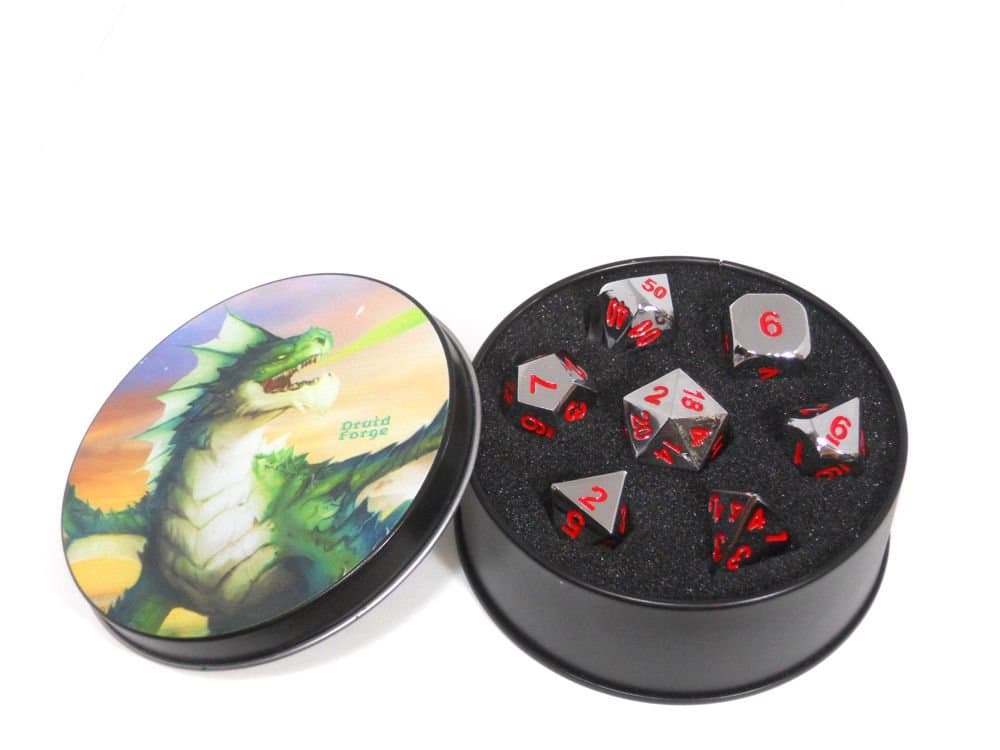 Metal Dice Polyhedral Set of 7 Rogue Red D&D RPG Bright Chrome with Red Numbers