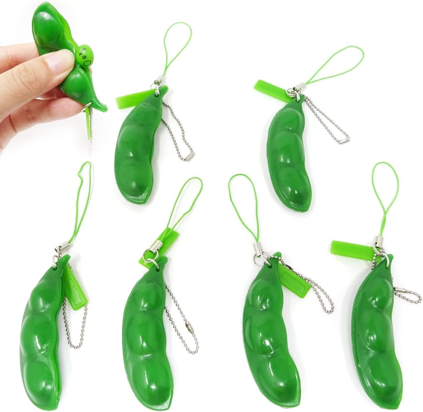 6 Pcs Pea Pod Keychain, Squeeze-a-Bean Peapod Stress Relieving Playful Charms, Extrusion Edamame Pea Keychain for Mobile Phones and Keys