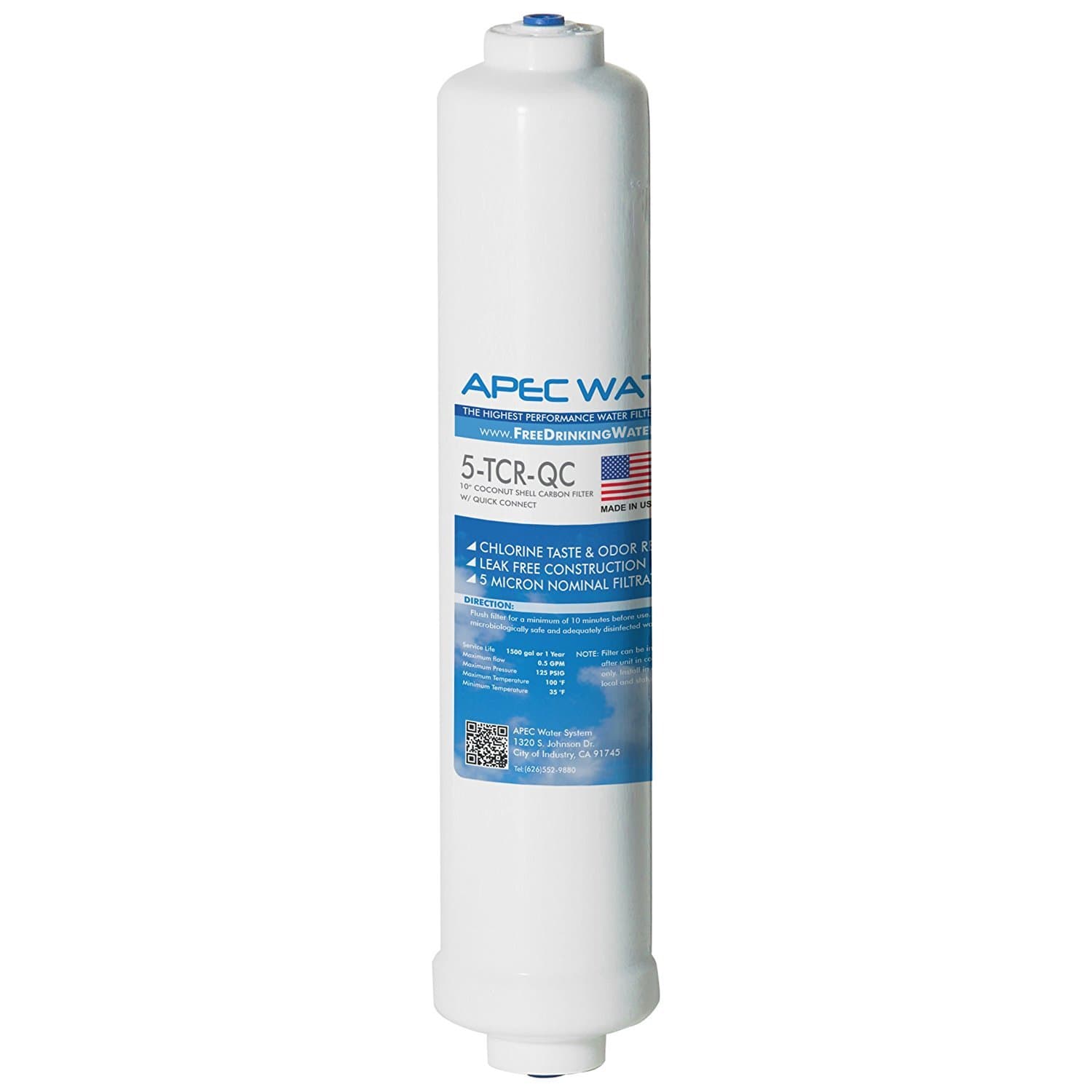 APEC Water Systems 5-TCR-QC US MADE 10" Inline Carbon Filter with ¼” Quick Connect For Reverse Osmosis Water Filter System (For Standard System)