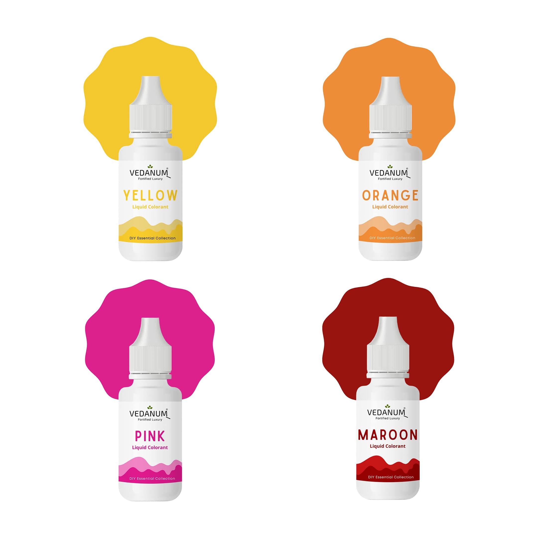 VEDANUM DIY Premium Liquid Colors for Soap Making, Bath Bombs, Bath Salts, Cosmetics, Skin Friendly Pigments, Pack of 4 (15 ml Each) Yellow, Orange, Pink, Maroon