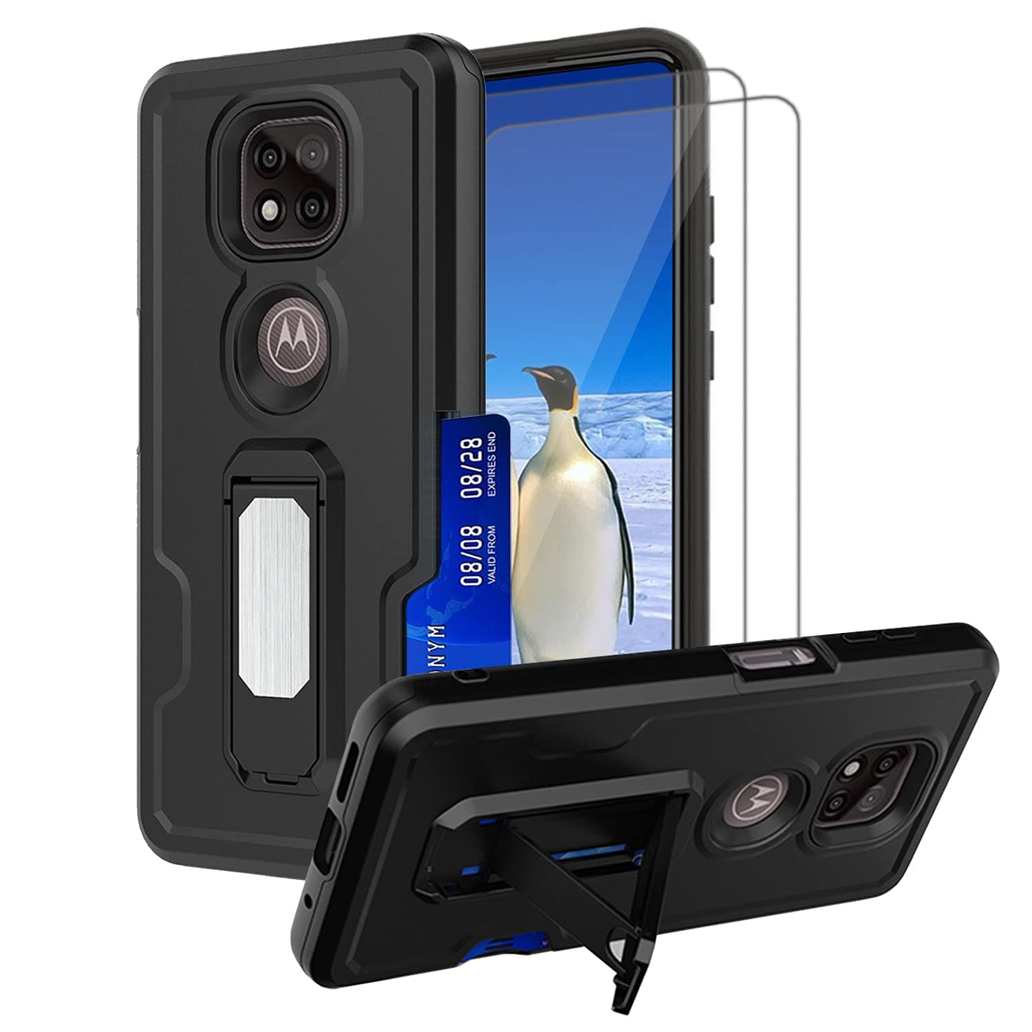 for Moto G Power 2021 Case, with HD Screen Protector[2 Pack],Built Kickstand Wallet Card Slot Phone Case, Dual Layers Hybrid Heavy Duty Hard Shell Compatible Motorola G Power Cover Case -Black