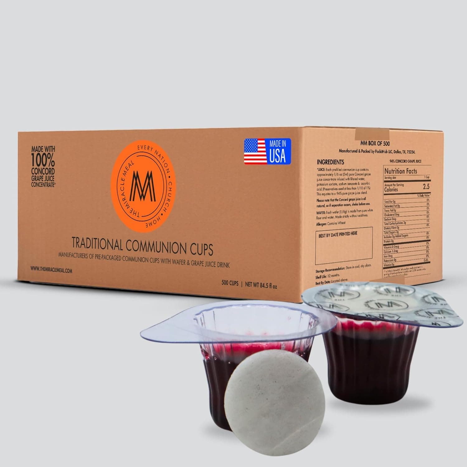 PACK IT HUB The Miracle Meal Pre-filled Communion Cups and Wafer Set - Box of 500 - with 100% Trusted Concord Grape Juice & Wafer-Made in USA - Prepacked Holy Communion Bread and Juice