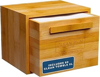 Clean Luxe Bamboo Box with Drawer & Towels XL, Face Towel, Disposable Makeup Remover Dry Wipes, Facial Wash (Bamboo Container Drawer)