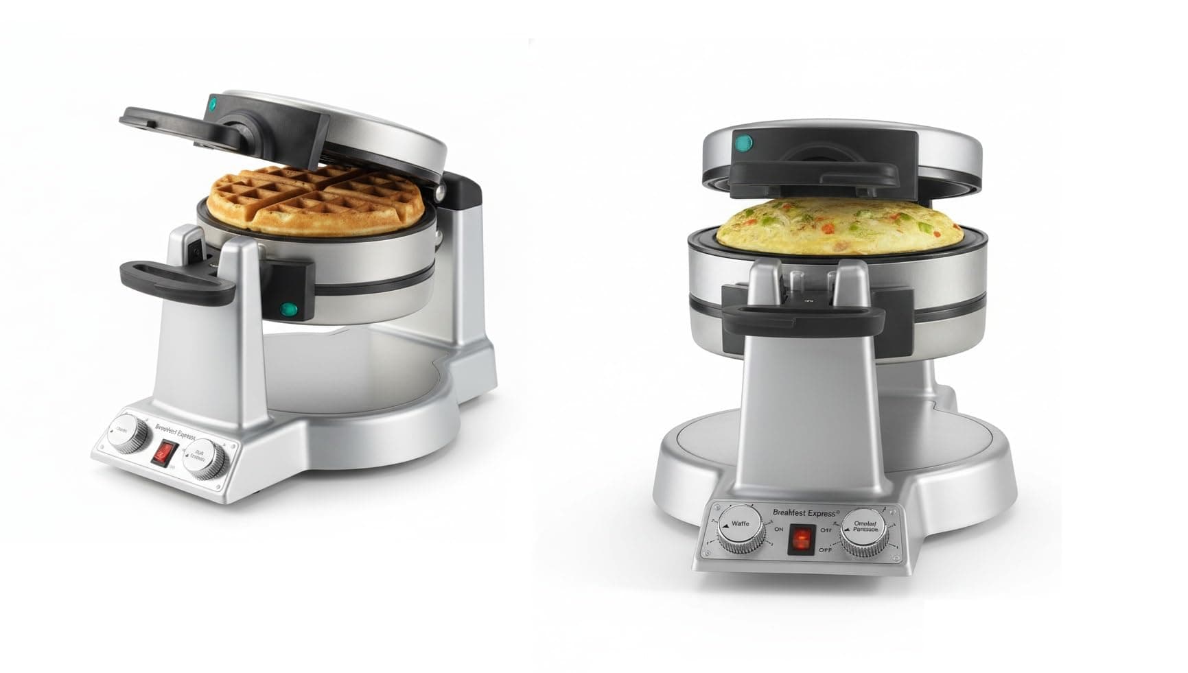 Breakfast Express Flip Waffle and Omelet Maker, One Side Waffle Maker and One Side Egg and Omelet Maker, 1 Inch Belgian Waffles, Nonstick, Dual Browning Controls, Stainless Steel, WAF-B50