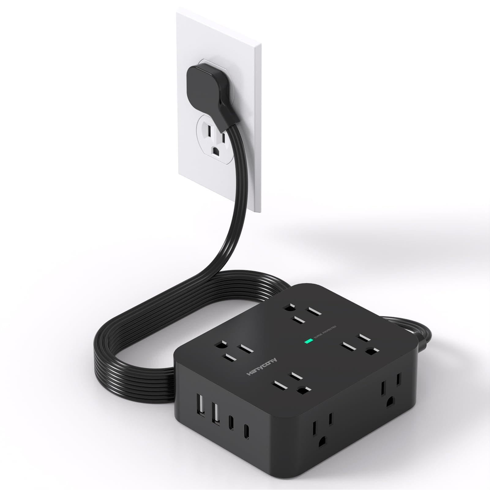 Power Strip Surge Protector, HANYCONY 5Ft Ultra Thin Flat Extension Cord with Multiple Outlets, 8 Widely Outlet Extender 4 USB Ports(2 USB C), 1080J Wall Mount for College Dorm Room Essentials Black