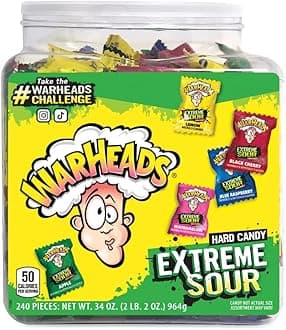 WARHEADS - Extreme Sour Hard Candy - Sour Apple, Black Cherry, Blue Raspberry, Lemon & Watermelon Flavors, Great For Parades - 34 oz. Tub
