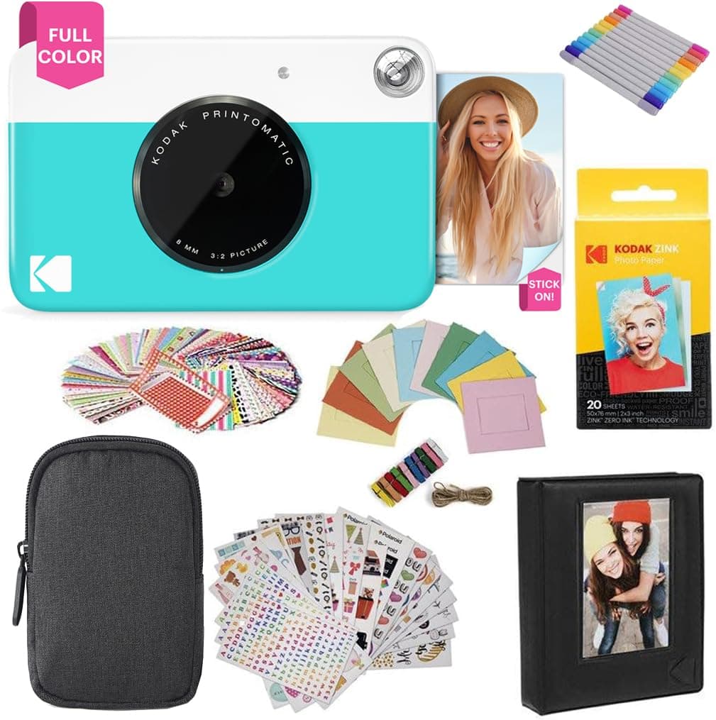 Printomatic Instant Camera (Blue) Gift Bundle + Zink Paper (20 Sheets) + Case + 7 Sticker Sets + Markers + Photo Album