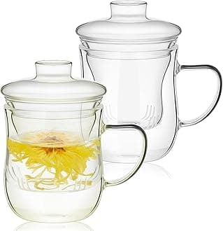 2 Pcs 12 oz Glass Tea Cup With Infuser and Lid Set - Thickened Transparent Teacup, Heat Resistant Clear Filtrating Tea Maker for Loose Leaf Tea and Teabags