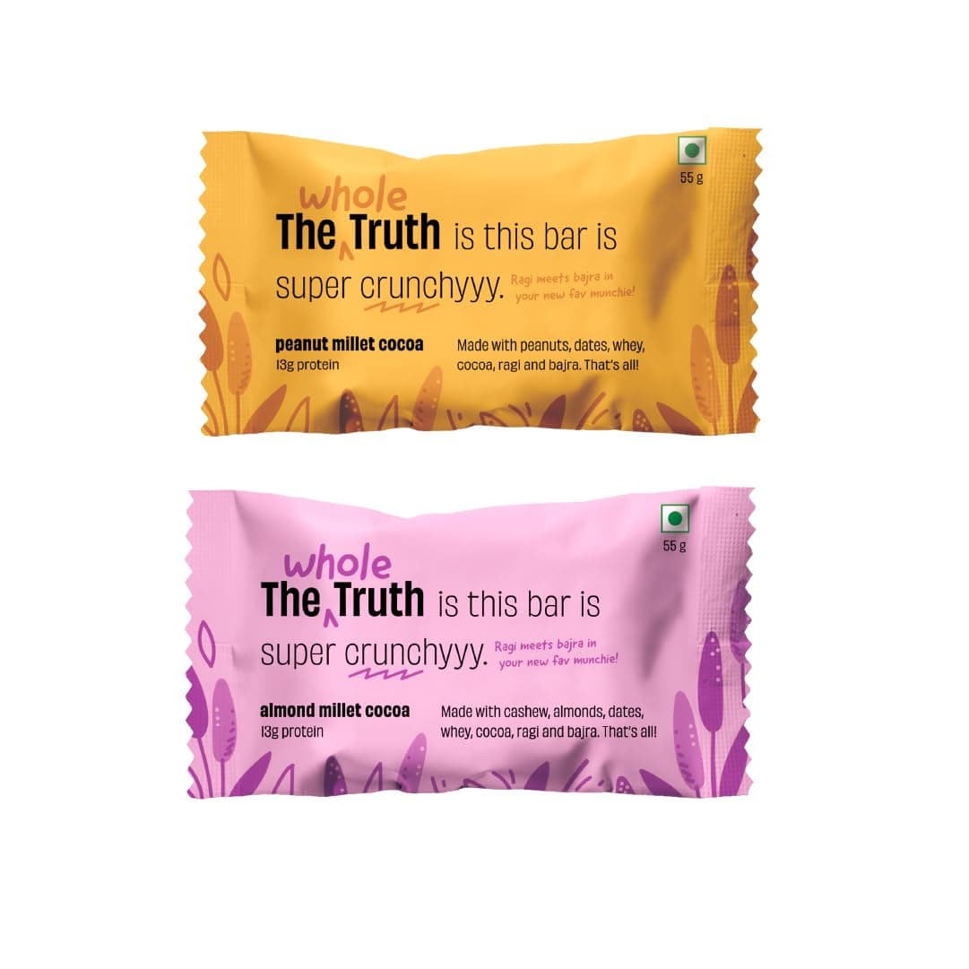 Protein Bars 13G | Assorted Millet Protein Bar (3 Almond Millet Cocoa, 3 Peanut Millet Cocoa) I Pack of 6 x 55g | No Refined Sugar | No Added Flavours | No Preservatives | All Natural Ingredients