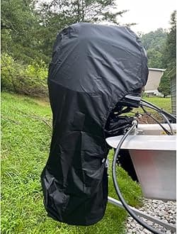 FLYMEI Boat Motor Covers, Full Outboard Motor Cover with 420D Heavy Duty Oxford Fabric Extra PVC Coating, Water Resistant Outboard Engine Covers Fit for Motor 0-5 HP, Black