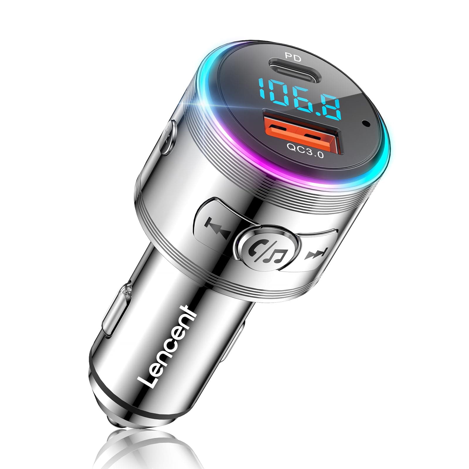 LENCENT Car FM Transmitter Bluetooth 5.3, PD 30W & QC3.0 18W Fast Car Charger, Wireless Bluetooth Car Adapter Music Player/Car Kit, Hi-Fi Sound & Hands-Free Calls, Supports Voice Assistant, All Metal