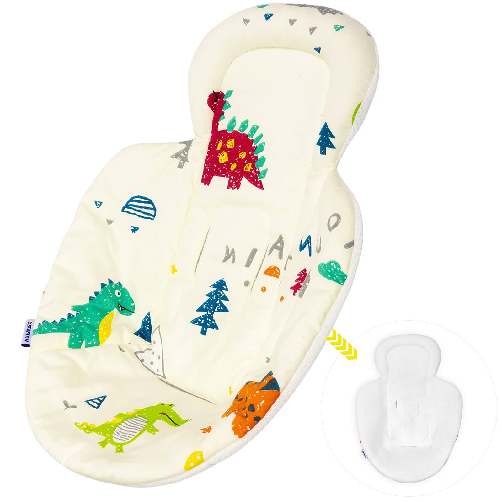 VYPERX Infant Insert Compatible with Four Moms RockaRoo and MamaRoo, Reversible Newborn Insert with Head and Body Support, Breathable Cool Mesh and Soft Plush Fabric, Machine Washable（Dino Pattern）