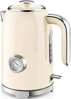 SUSTEAS Electric Kettle - 57oz Hot Tea Kettle Water Boiler with Thermometer, 1500W Fast Heating Stainless Steel Tea Pot, Cordless with LED Indicator, Auto Shut-Off & Boil Dry Protection, Beige