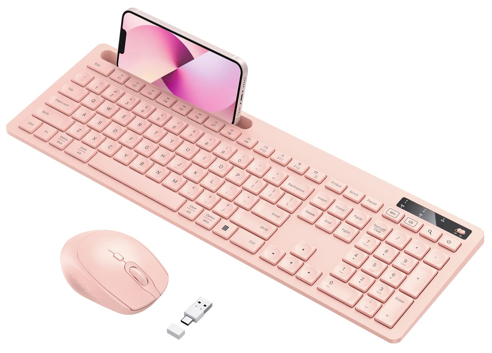 Wireless Keyboard and Mouse for MacBook, Pink Wireless Keyboard with Phone Holder USB A & Type C Receiver Rose Gold Keyboard and Mouse for Windows, Mac, MacBook/Air/Pro Computer