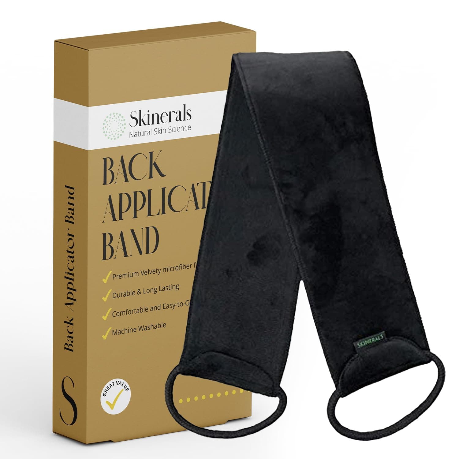 Skinerals Back Tanning Applicator Band – Self Tanner Mitt for Back, Lotion, Mousse & Sunscreen, Reusable Back Mitt with Handles for Smooth, Even Coverage, Washable, Black