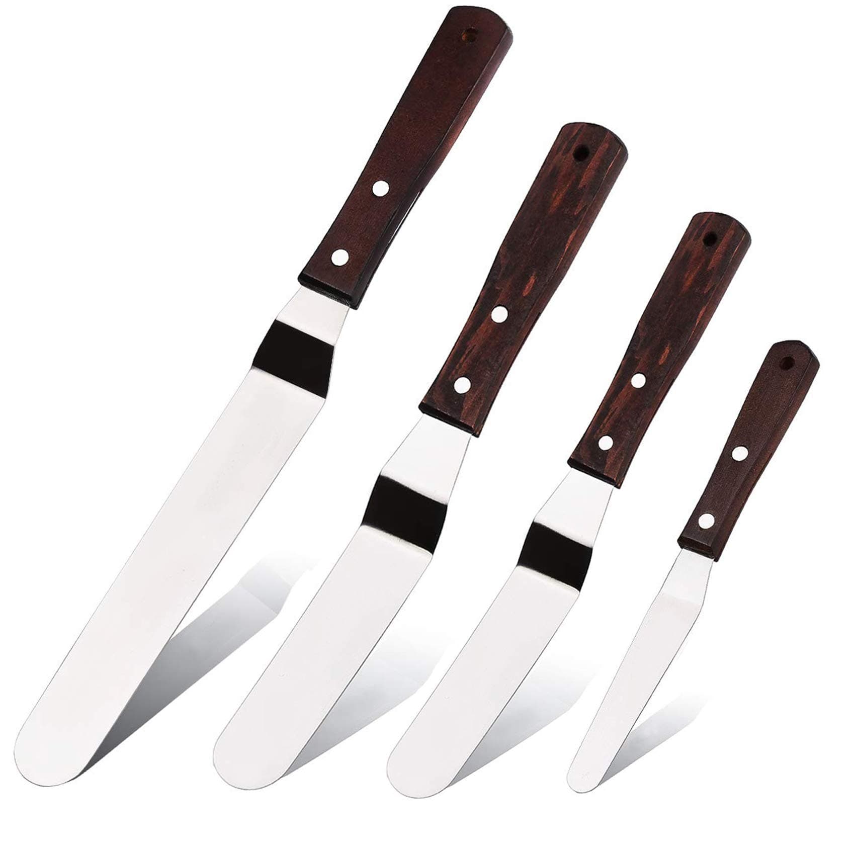 4PCS Offset Cake Icing Spatula Set 4” 6” 8” 10” Professional Stainless Steel Cake Decorating Frosting Spatulas with Wooden Handle (Angled)