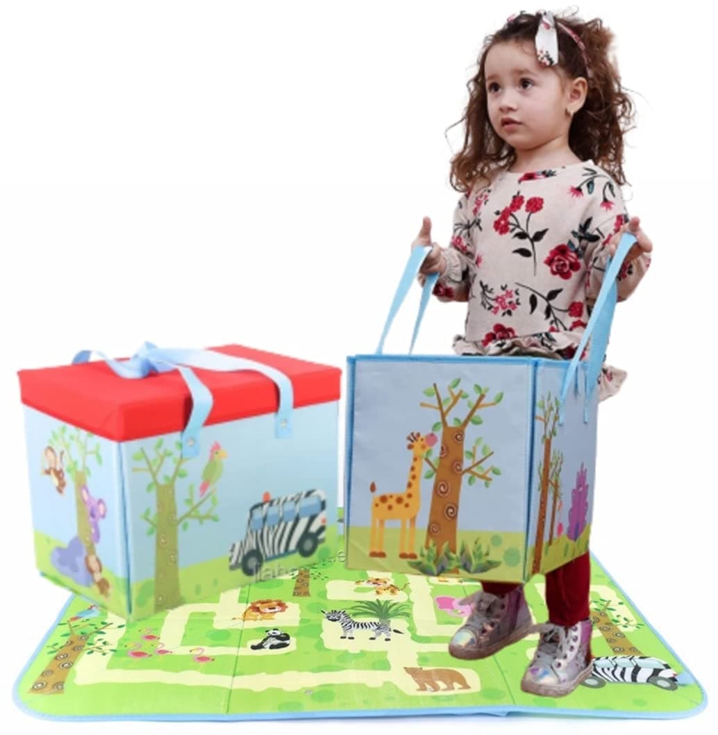 Kids Toy Box Storage Bin Foldable Great Organizer and Play Mat with Safari Theme/Sturdy Handles and Lid/For Boys and Girls/Toy Storage