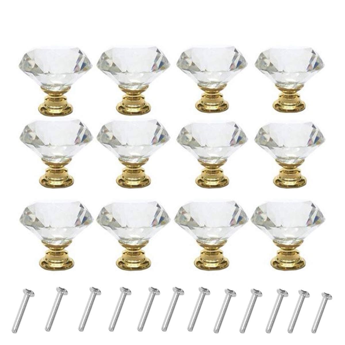 12 Pcs 30mm Diamond Shape Crystal Glass Cabinet Knobs with Screws Drawer Knob Pull Handle Used for Kitchen, Dresser, Door, Cupboard (GOld B Clear)
