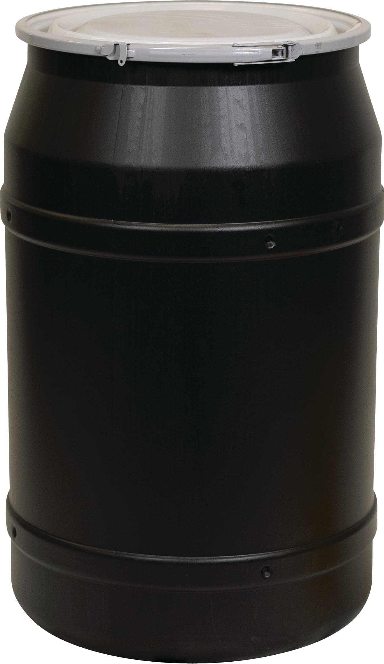 55 Gallon Plastic Drum with Lid, Metal Lever-Lock, 36.4"x22.5", Open Head Lab Pack Drum Made of Durable, Lightweight HDPE, Withstands Weather and Chemicals, Made in USA, Black, 1656MBLK