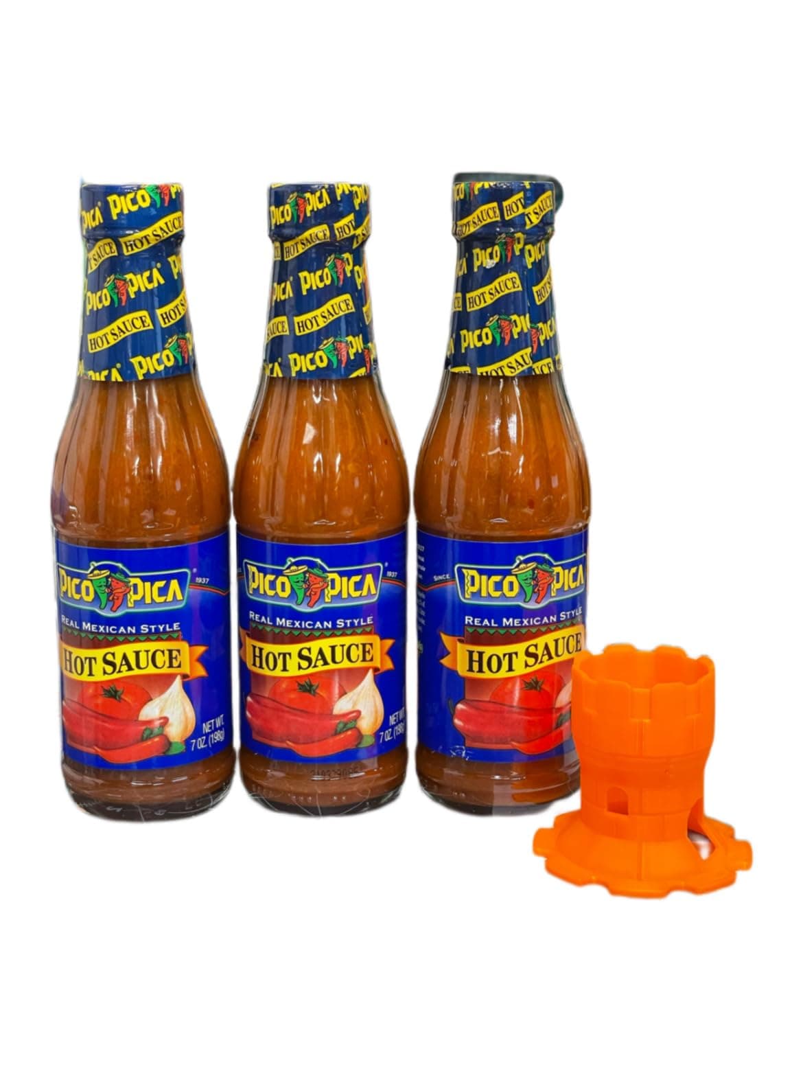 (Pack 3) Pico Pica Hot Sauce 7oz | Bundle with With Bottle Holder Upside Down | Caps Dispenser Drop | Flip It Cap Lids Design By NROMBOX| Made In Usa.