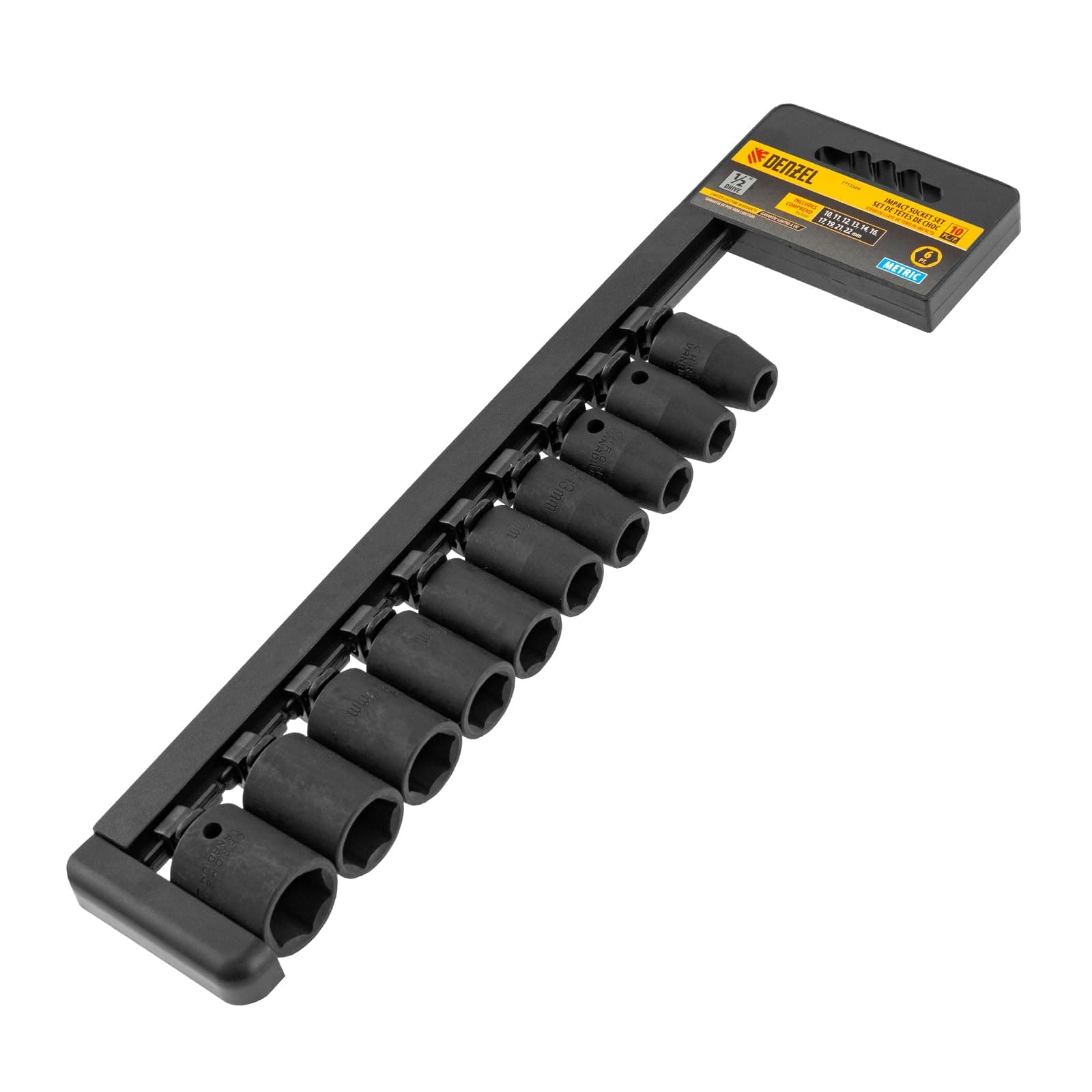 Denzel 1/2-Inch Drive Metric Socket Set, 10-Piece – Hex Sockets for Ratchet Wrench, Chrome Finish (Impact)