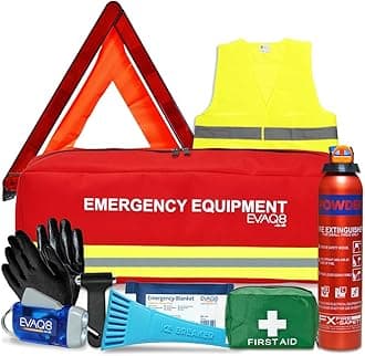 EVAQ8 Advanced Car Safety Kit with Extinguisher and Torch UK Standard Parts Includes Warning Triangle, First aid kit, Emergency Blanket, Safety Hammer, Torch, high Visibility Vest, Carry Bag
