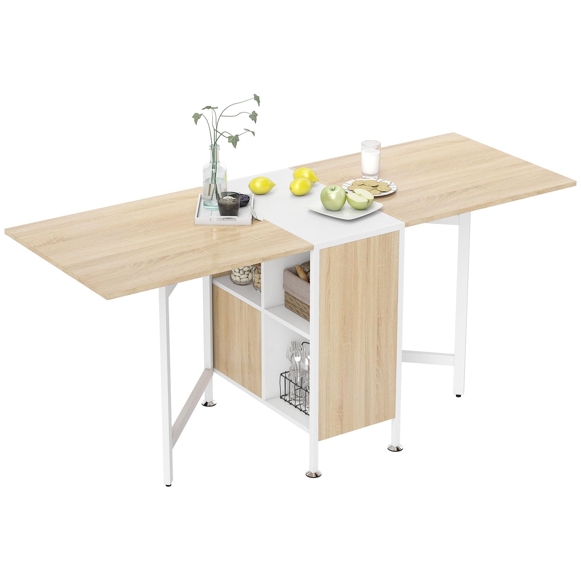 HOMCOM Foldable Drop Leaf Dining Table Folding Workstation for Small Space with Storage Shelves Cubes Oak & White
