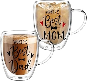 Top-spring 2 Pack Double Walled Coffee Cups for Mom and Dad - 350ml Glass Mugs Set, Glass Tea Cups Gift for Parents, Insulated Latte Glasses with Handles, Heat Resistant Coffee Cup Mum Gifts
